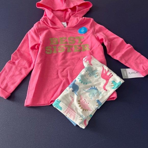 Carter’s 2-Piece‎ Glitter Best Sister Hoodie & Dinosaur Legging Set -Pink 12M - Picture 1 of 10